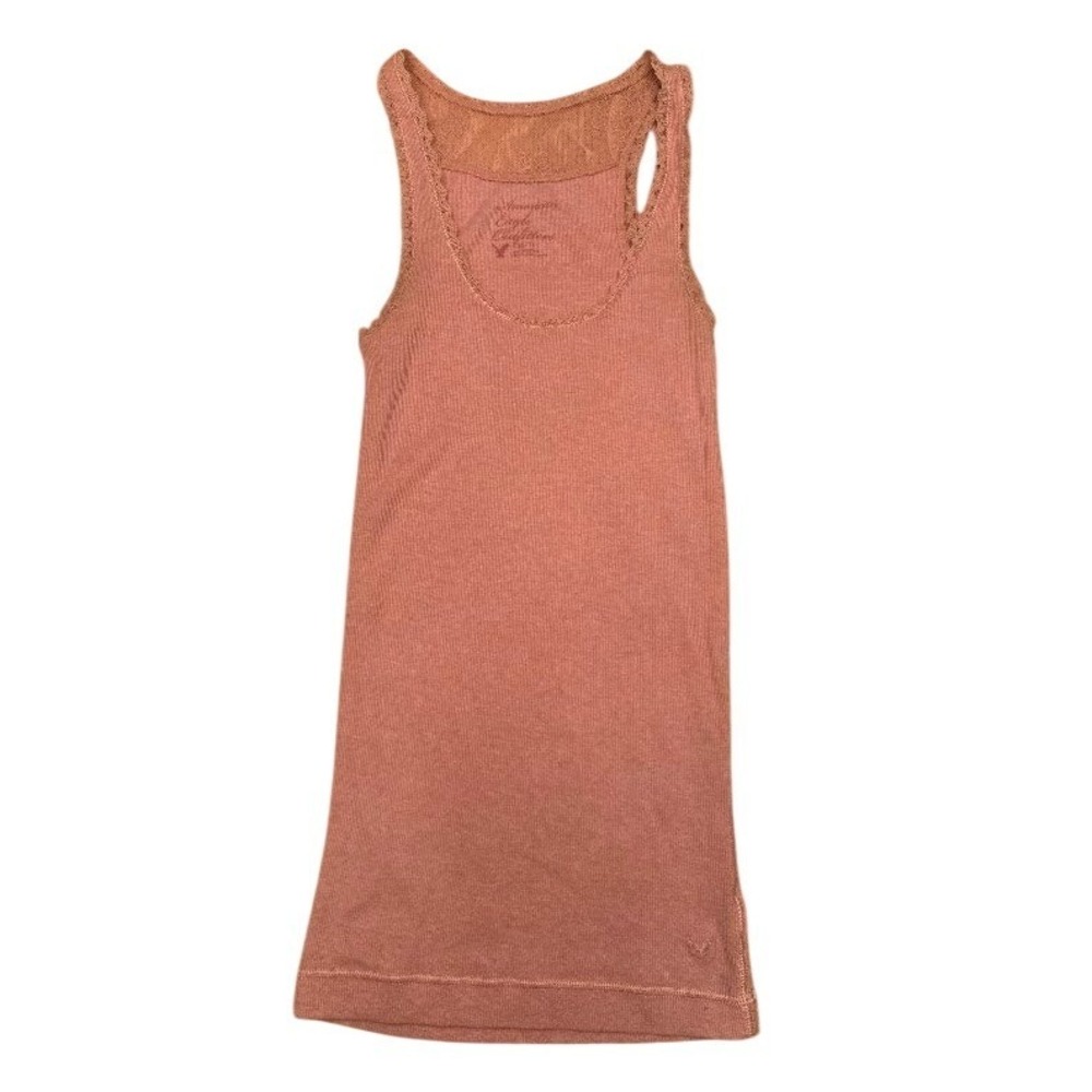 Y2k long American Eagle Pink Ribbed Lace Trim Tank Top Sheer Back XS‎ W0700